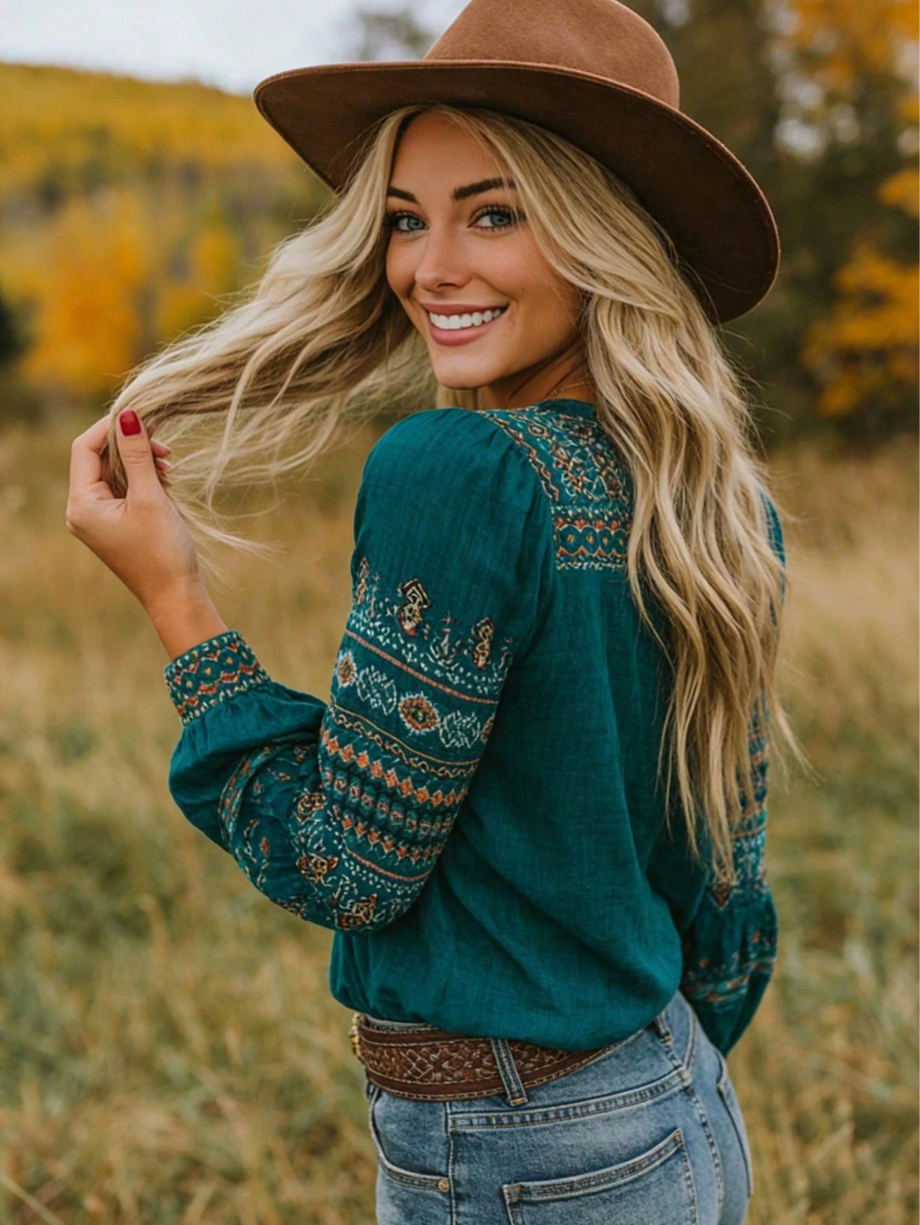 New Arrival Bohemian Style Printed V-Neck Long Sleeve Blouse, Casual & Comfortable Top Suitable For Spring, Summer, Autumn Vacation & Travel