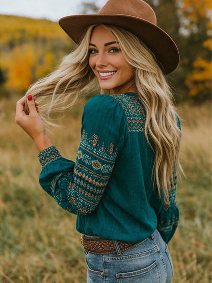 New Arrival Bohemian Style Printed V-Neck Long Sleeve Blouse, Casual & Comfortable Top Suitable For Spring, Summer, Autumn Vacation & Travel