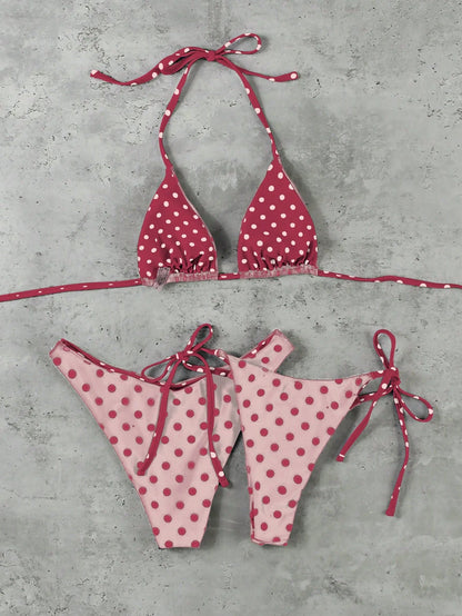 New Arrival Spring/Summer European And American Fashion Sexy Casual Elegant Polka Dot Print 3-Piece Women Beach Holiday Date Party Bikini Swimwear Vacation