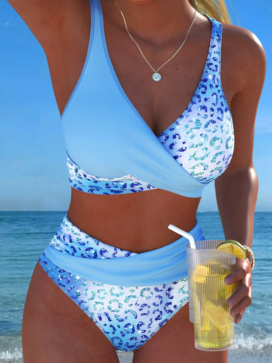 New Beach,Swimming Pool,Vacation,Sexy,Elegant Plant Printed Plain Fabric,Cross Contrasting Shoulder Straps,Bikini,Swimsuit Women Summer
