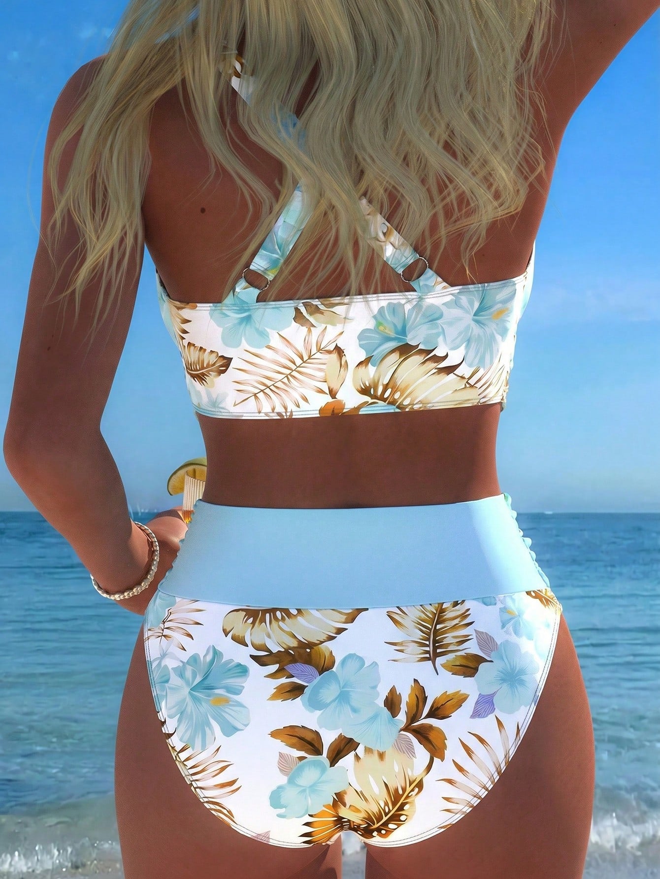 New Beach,Swimming Pool,Vacation,Sexy,Elegant Plant Printed Plain Fabric,Cross Contrasting Shoulder Straps,Bikini,Swimsuit Women Summer