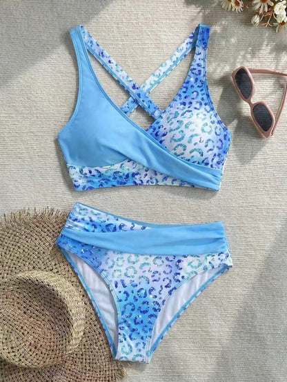 New Beach,Swimming Pool,Vacation,Sexy,Elegant Plant Printed Plain Fabric,Cross Contrasting Shoulder Straps,Bikini,Swimsuit Women Summer