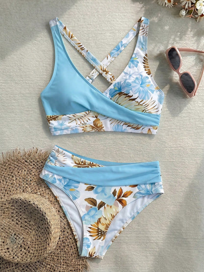 New Beach,Swimming Pool,Vacation,Sexy,Elegant Plant Printed Plain Fabric,Cross Contrasting Shoulder Straps,Bikini,Swimsuit Women Summer