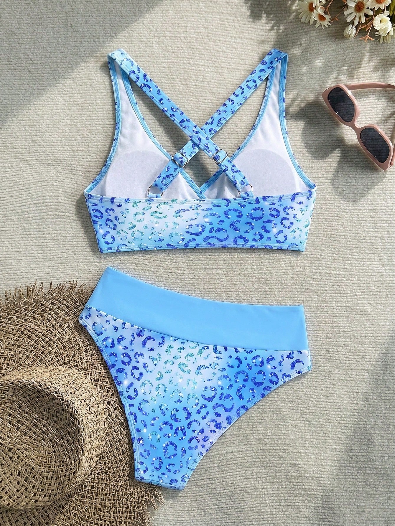 New Beach,Swimming Pool,Vacation,Sexy,Elegant Plant Printed Plain Fabric,Cross Contrasting Shoulder Straps,Bikini,Swimsuit Women Summer