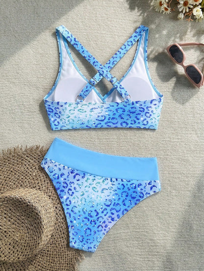 New Beach,Swimming Pool,Vacation,Sexy,Elegant Plant Printed Plain Fabric,Cross Contrasting Shoulder Straps,Bikini,Swimsuit Women Summer