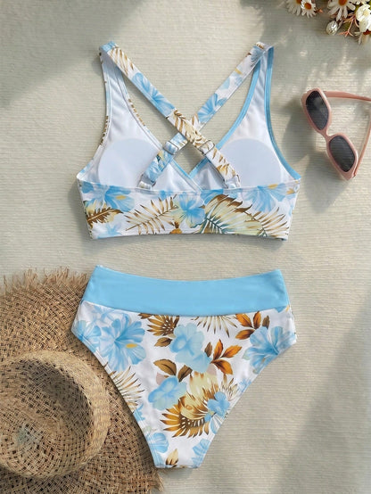 New Beach,Swimming Pool,Vacation,Sexy,Elegant Plant Printed Plain Fabric,Cross Contrasting Shoulder Straps,Bikini,Swimsuit Women Summer