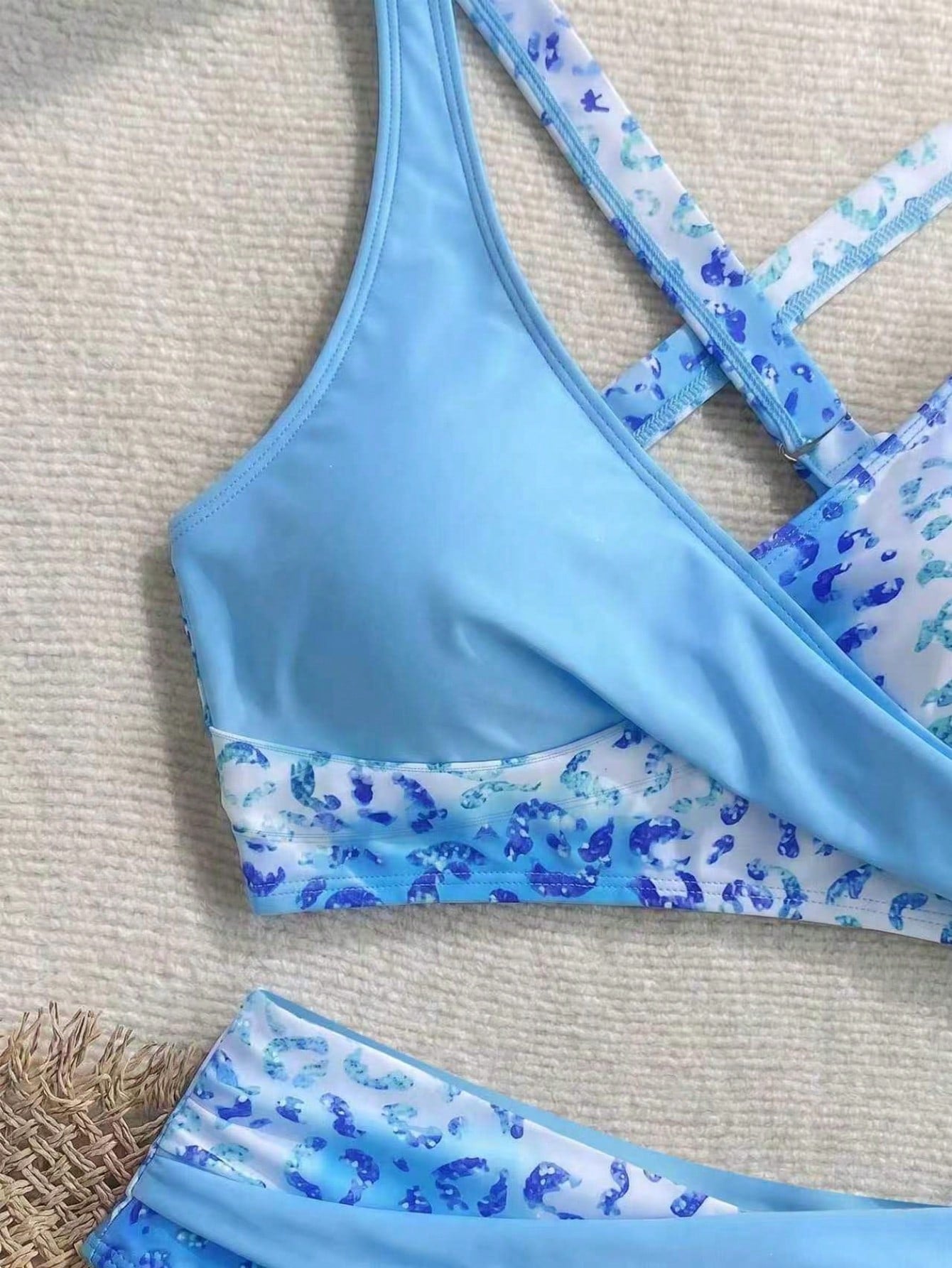 New Beach,Swimming Pool,Vacation,Sexy,Elegant Plant Printed Plain Fabric,Cross Contrasting Shoulder Straps,Bikini,Swimsuit Women Summer
