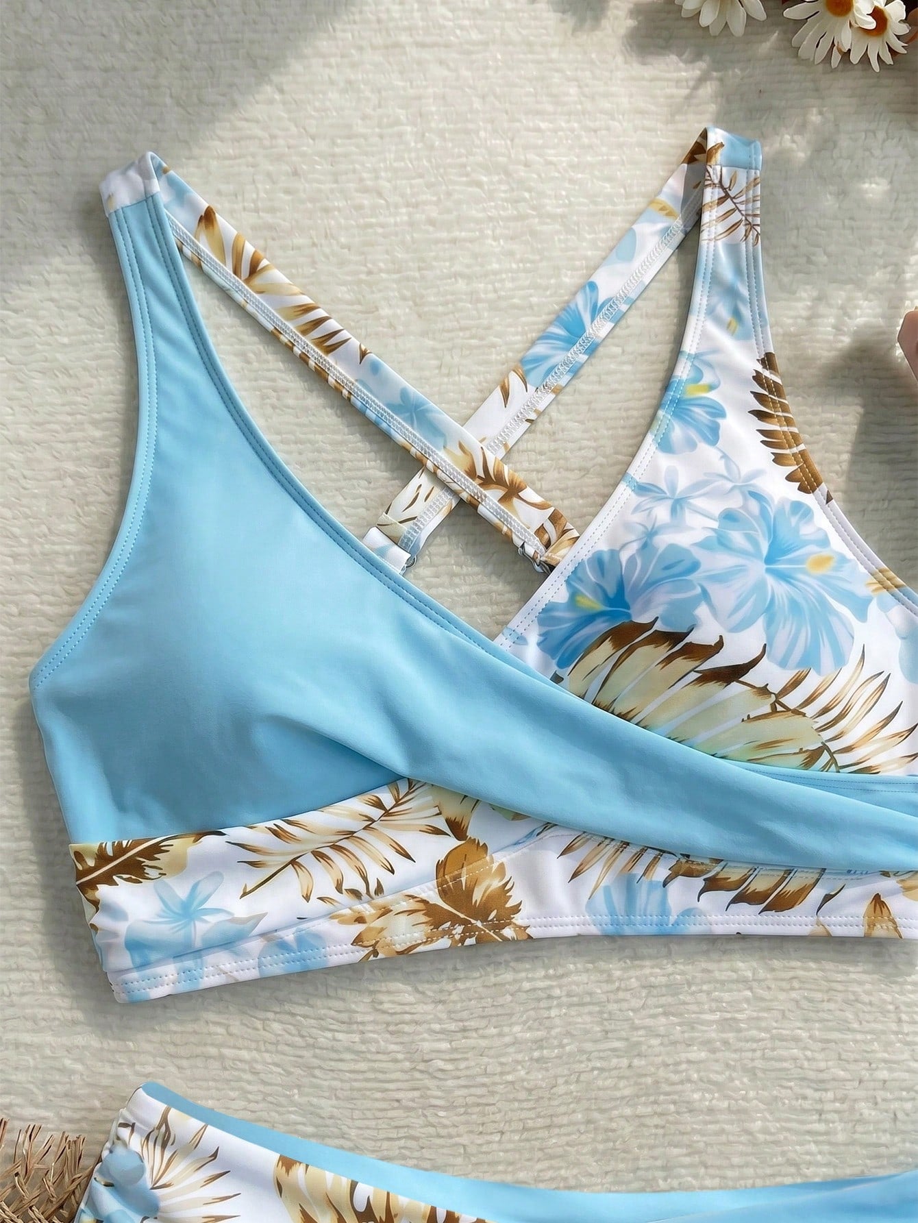 New Beach,Swimming Pool,Vacation,Sexy,Elegant Plant Printed Plain Fabric,Cross Contrasting Shoulder Straps,Bikini,Swimsuit Women Summer