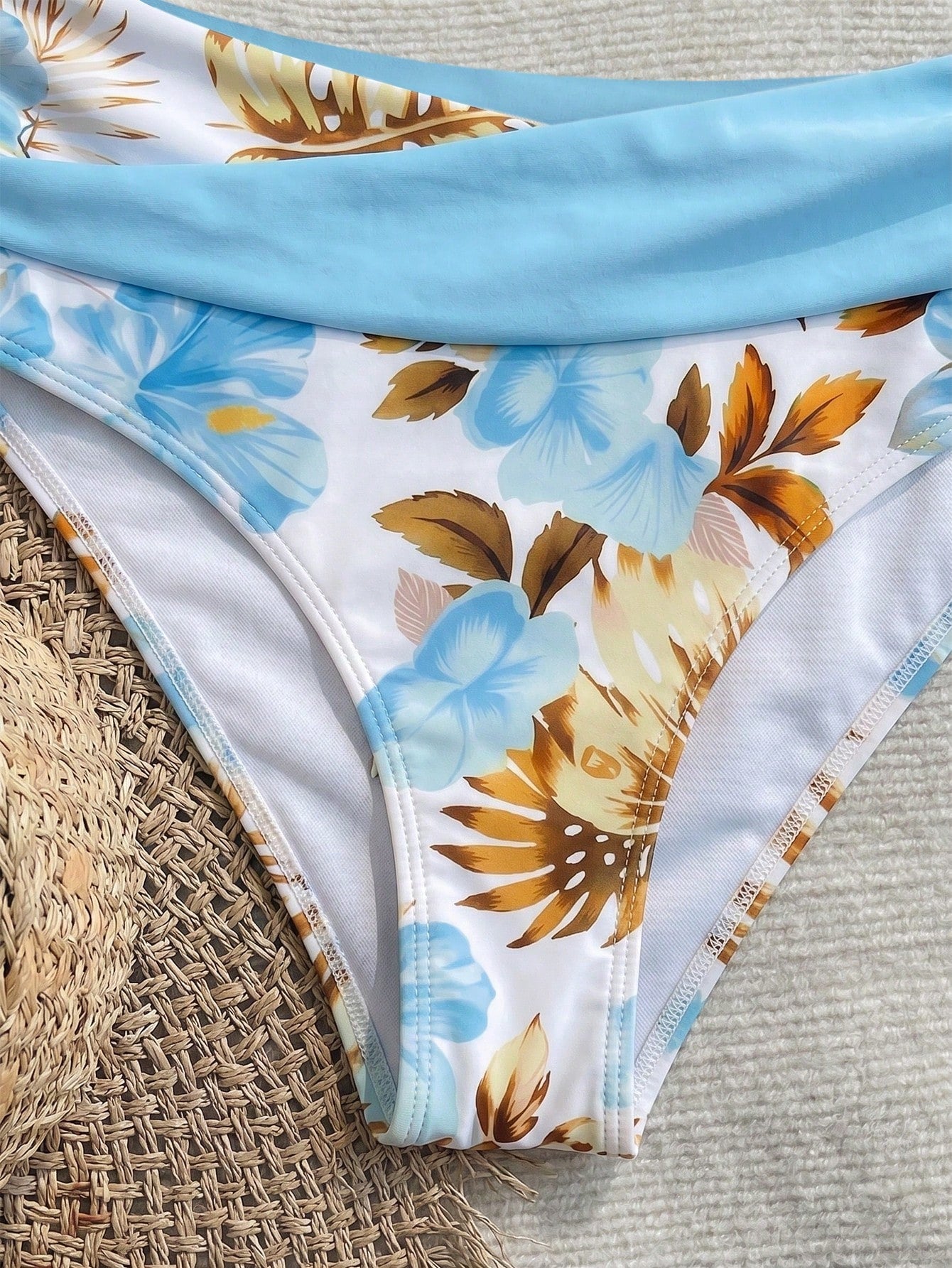 New Beach,Swimming Pool,Vacation,Sexy,Elegant Plant Printed Plain Fabric,Cross Contrasting Shoulder Straps,Bikini,Swimsuit Women Summer