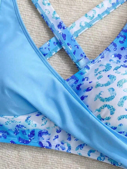 New Beach,Swimming Pool,Vacation,Sexy,Elegant Plant Printed Plain Fabric,Cross Contrasting Shoulder Straps,Bikini,Swimsuit Women Summer