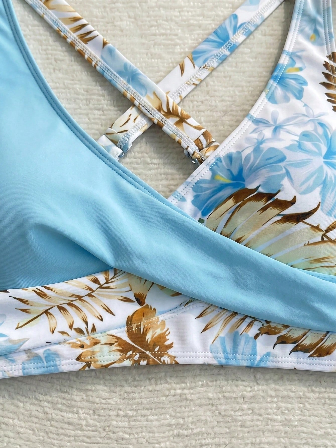 New Beach,Swimming Pool,Vacation,Sexy,Elegant Plant Printed Plain Fabric,Cross Contrasting Shoulder Straps,Bikini,Swimsuit Women Summer