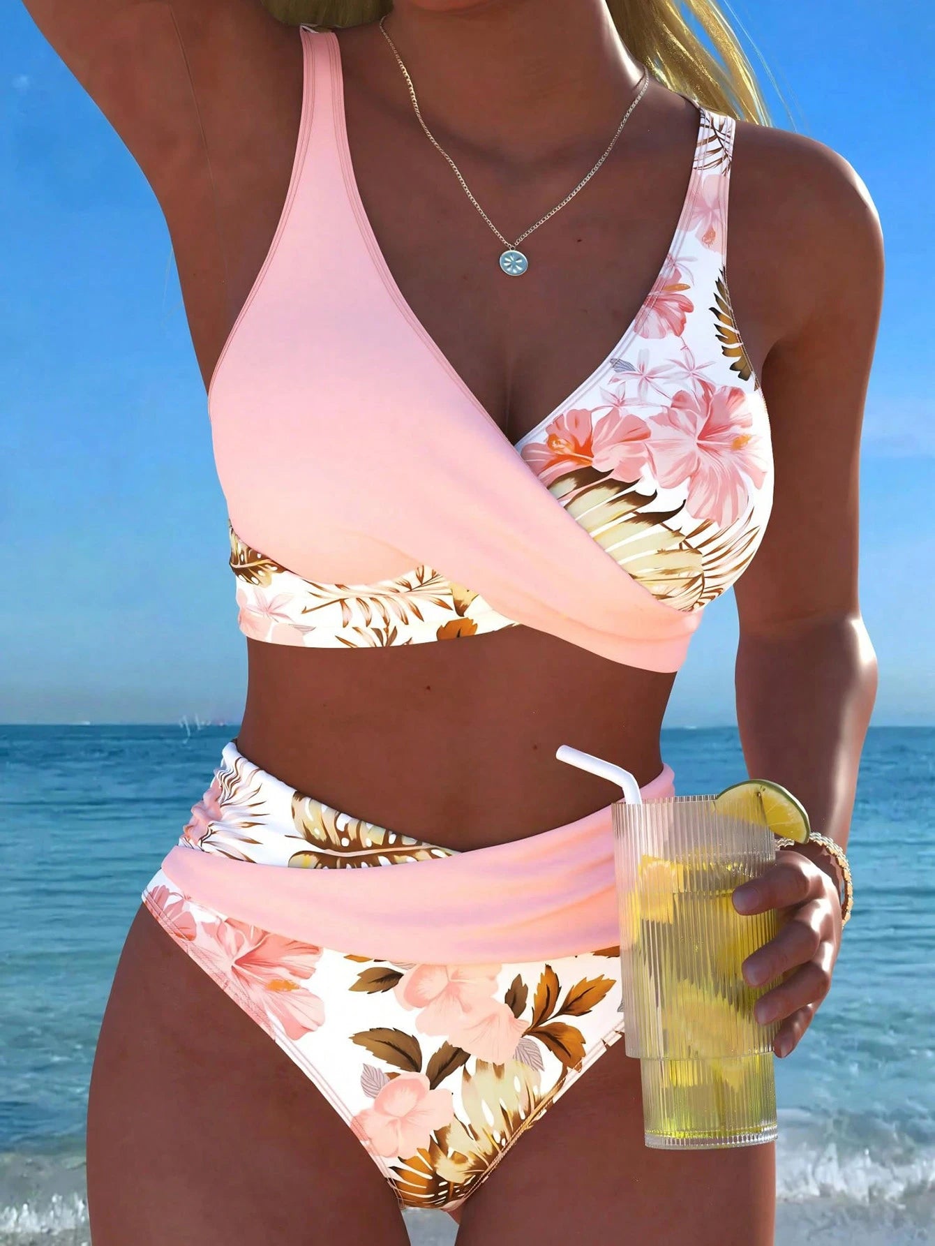 New Beach,Swimming Pool,Vacation,Sexy,Elegant Plant Printed Plain Fabric,Cross Contrasting Shoulder Straps,Bikini,Swimsuit Women Summer
