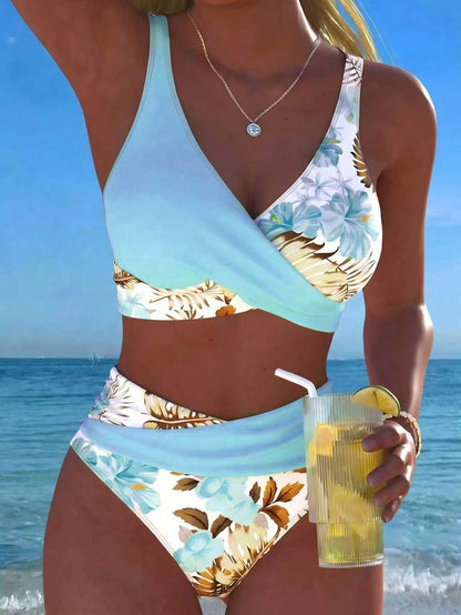 New Beach,Swimming Pool,Vacation,Sexy,Elegant Plant Printed Plain Fabric,Cross Contrasting Shoulder Straps,Bikini,Swimsuit Women Summer