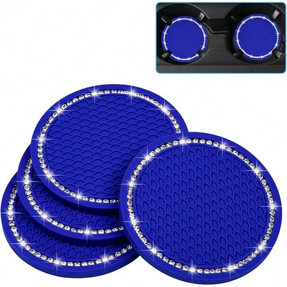NEW- Bling Car Coasters, 4 Pack PVC Car Cup Holder Insert Coaster- Anti Slip Universal Vehicle Interior Accessories Crystal Glitter Cup Mats For Women And Men (2.75" Diameter, Blue)