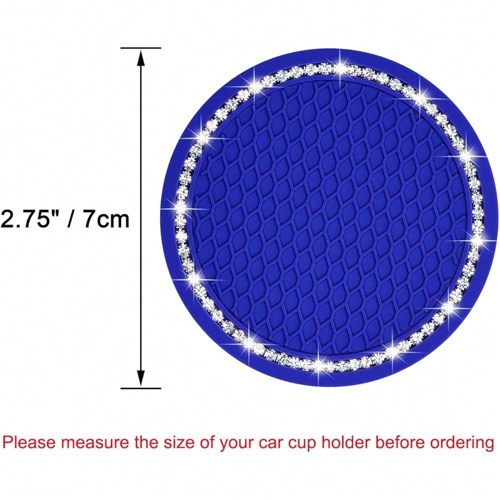 NEW- Bling Car Coasters, 4 Pack PVC Car Cup Holder Insert Coaster- Anti Slip Universal Vehicle Interior Accessories Crystal Glitter Cup Mats For Women And Men (2.75" Diameter, Blue)