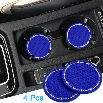 NEW- Bling Car Coasters, 4 Pack PVC Car Cup Holder Insert Coaster- Anti Slip Universal Vehicle Interior Accessories Crystal Glitter Cup Mats For Women And Men (2.75" Diameter, Blue)