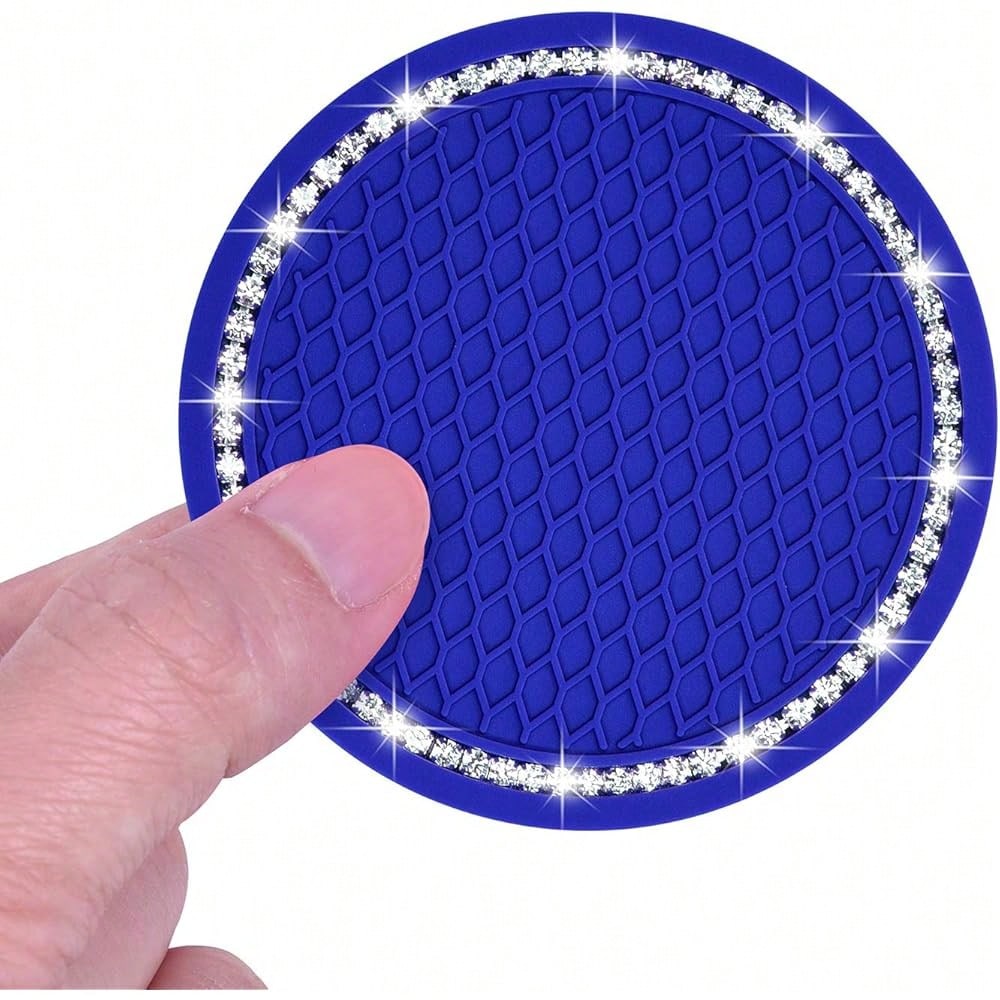NEW- Bling Car Coasters, 4 Pack PVC Car Cup Holder Insert Coaster- Anti Slip Universal Vehicle Interior Accessories Crystal Glitter Cup Mats For Women And Men (2.75" Diameter, Blue)