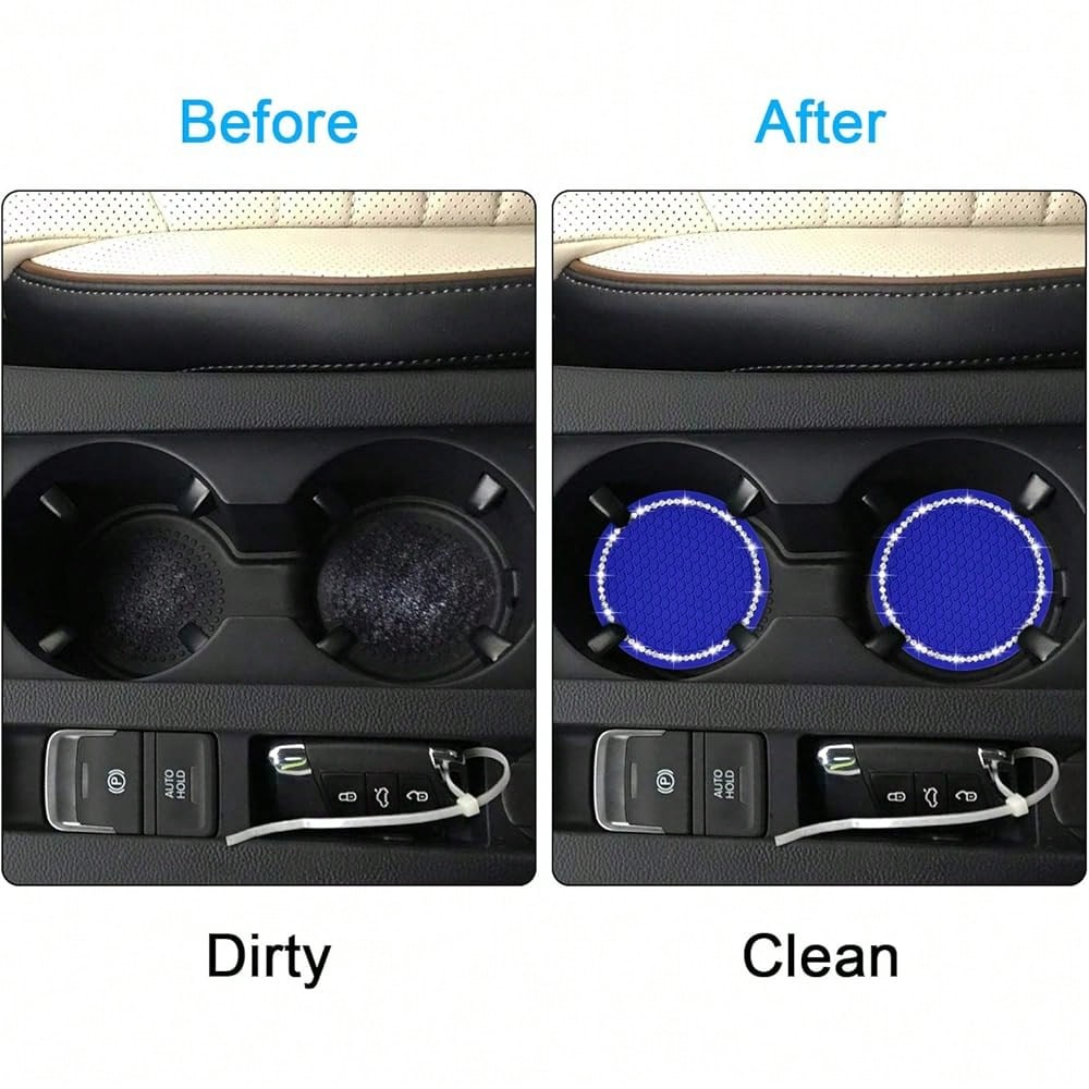NEW- Bling Car Coasters, 4 Pack PVC Car Cup Holder Insert Coaster- Anti Slip Universal Vehicle Interior Accessories Crystal Glitter Cup Mats For Women And Men (2.75" Diameter, Blue)