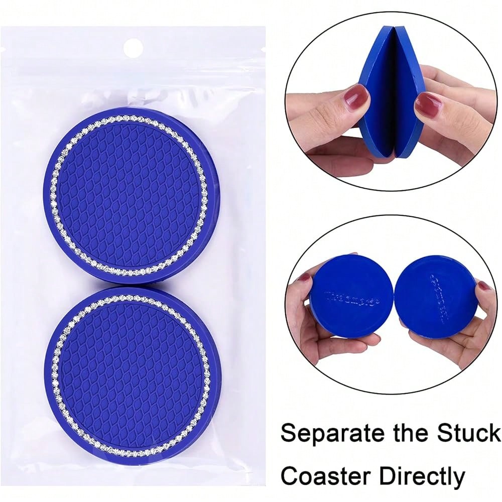 NEW- Bling Car Coasters, 4 Pack PVC Car Cup Holder Insert Coaster- Anti Slip Universal Vehicle Interior Accessories Crystal Glitter Cup Mats For Women And Men (2.75" Diameter, Blue)