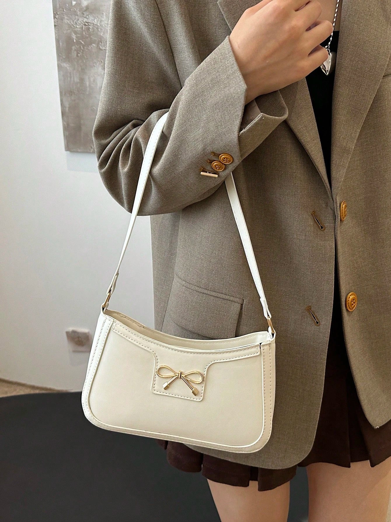 New Fashion Casual Shoulder Women's PU Solid Black, Khaki, Cafe Color Bowknot Metal Hardware Underarm Zip Cosmetic Pouch, Fashionable Bow Purse For Women
