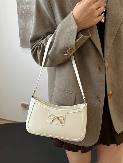New Fashion Casual Shoulder Women's PU Solid Black, Khaki, Cafe Color Bowknot Metal Hardware Underarm Zip Cosmetic Pouch, Fashionable Bow Purse For Women