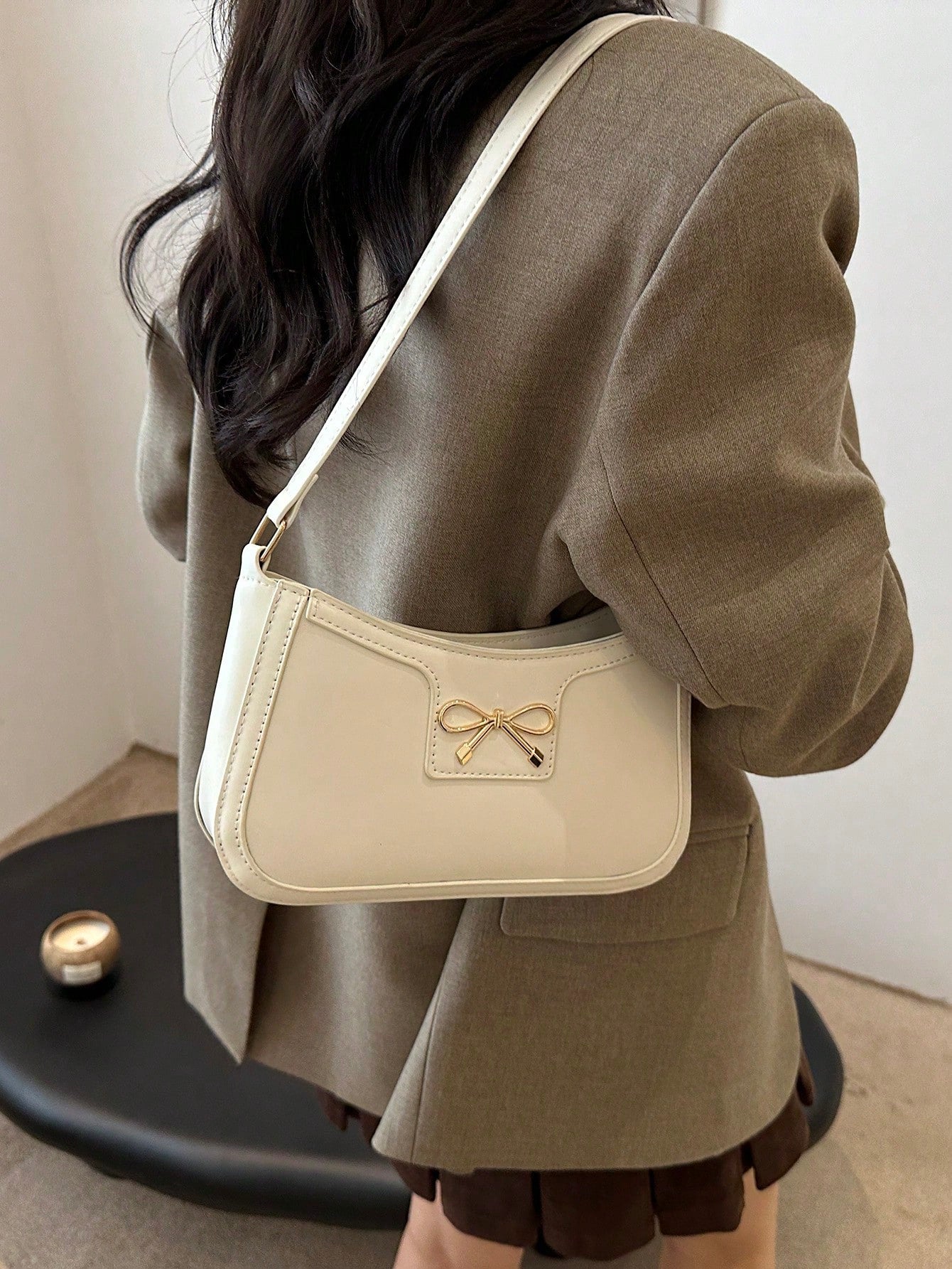 New Fashion Casual Shoulder Women's PU Solid Black, Khaki, Cafe Color Bowknot Metal Hardware Underarm Zip Cosmetic Pouch, Fashionable Bow Purse For Women