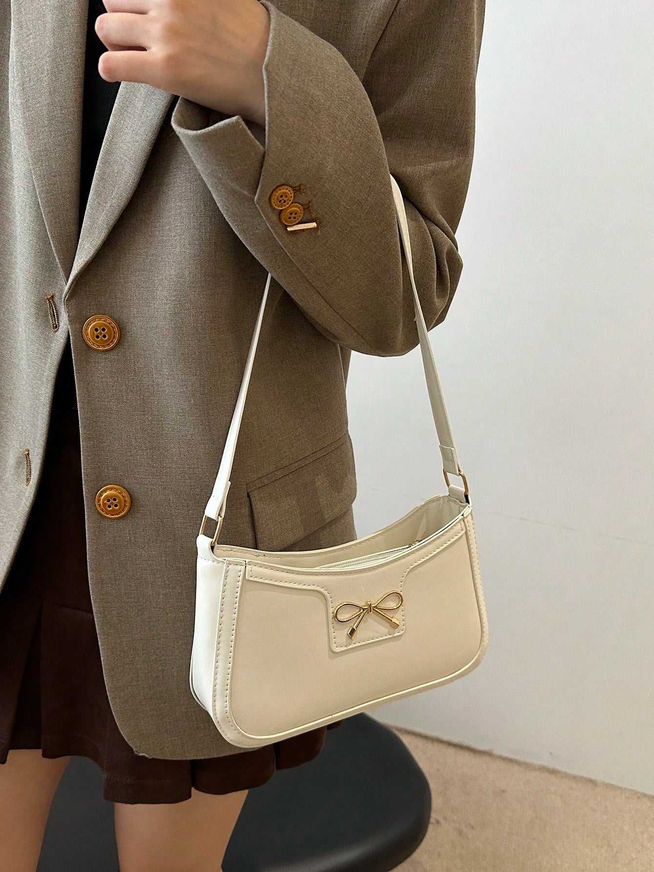 New Fashion Casual Shoulder Women's PU Solid Black, Khaki, Cafe Color Bowknot Metal Hardware Underarm Zip Cosmetic Pouch, Fashionable Bow Purse For Women
