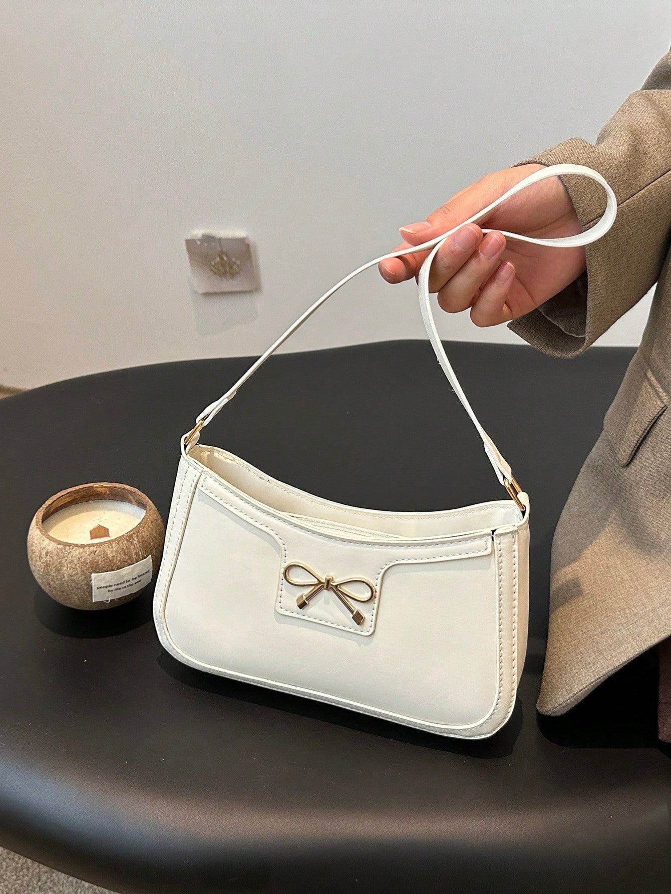 New Fashion Casual Shoulder Women's PU Solid Black, Khaki, Cafe Color Bowknot Metal Hardware Underarm Zip Cosmetic Pouch, Fashionable Bow Purse For Women