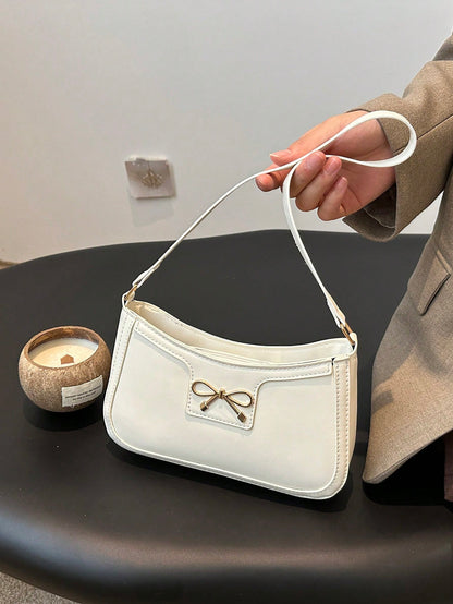New Fashion Casual Shoulder Women's PU Solid Black, Khaki, Cafe Color Bowknot Metal Hardware Underarm Zip Cosmetic Pouch, Fashionable Bow Purse For Women