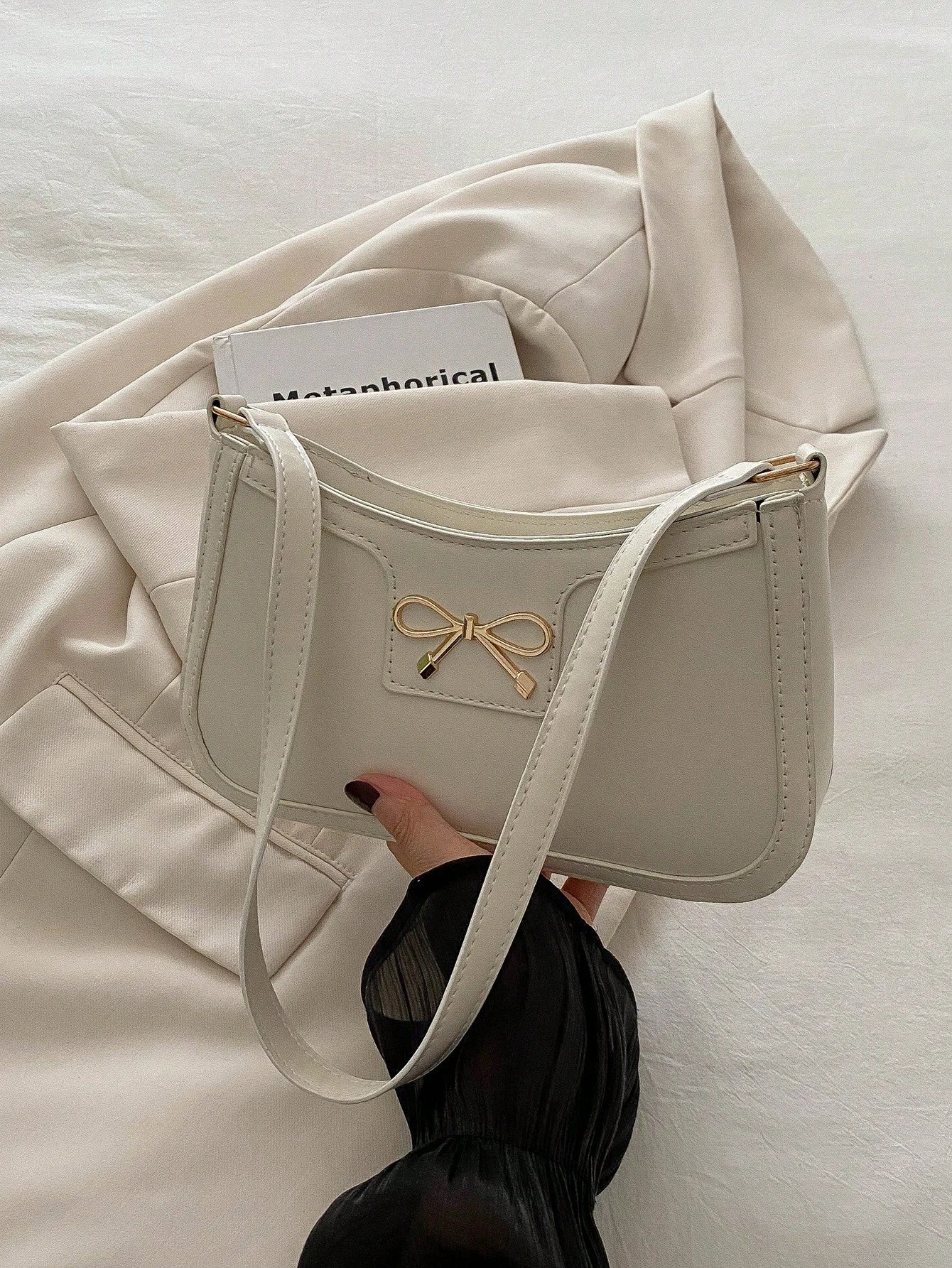 New Fashion Casual Shoulder Women's PU Solid Black, Khaki, Cafe Color Bowknot Metal Hardware Underarm Zip Cosmetic Pouch, Fashionable Bow Purse For Women