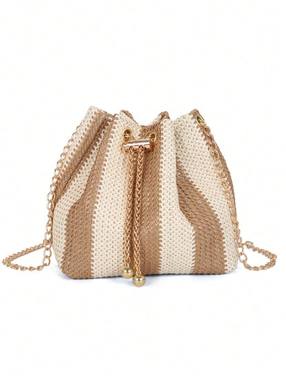 New Fashion Straw Crossbody Bag With Metal Chain, Women Lightweight Minimalist Chic Metal Lock Clasp Straw Shoulder Bag, Perfect For Beach Vacation, Travel, Shopping, And Vacation Essentials, Eye-Catc