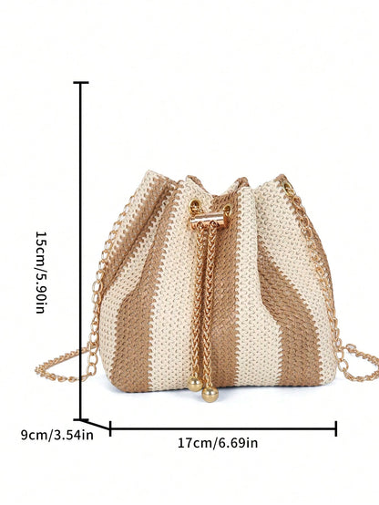 New Fashion Straw Crossbody Bag With Metal Chain, Women Lightweight Minimalist Chic Metal Lock Clasp Straw Shoulder Bag, Perfect For Beach Vacation, Travel, Shopping, And Vacation Essentials, Eye-Catc