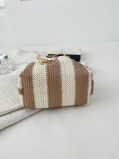 New Fashion Straw Crossbody Bag With Metal Chain, Women Lightweight Minimalist Chic Metal Lock Clasp Straw Shoulder Bag, Perfect For Beach Vacation, Travel, Shopping, And Vacation Essentials, Eye-Catc