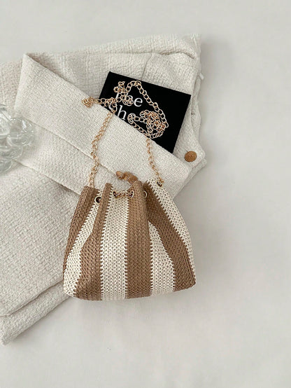 New Fashion Straw Crossbody Bag With Metal Chain, Women Lightweight Minimalist Chic Metal Lock Clasp Straw Shoulder Bag, Perfect For Beach Vacation, Travel, Shopping, And Vacation Essentials, Eye-Catc