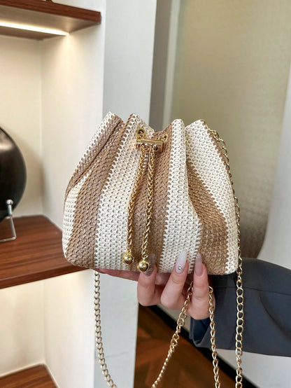 New Fashion Straw Crossbody Bag With Metal Chain, Women Lightweight Minimalist Chic Metal Lock Clasp Straw Shoulder Bag, Perfect For Beach Vacation, Travel, Shopping, And Vacation Essentials, Eye-Catc