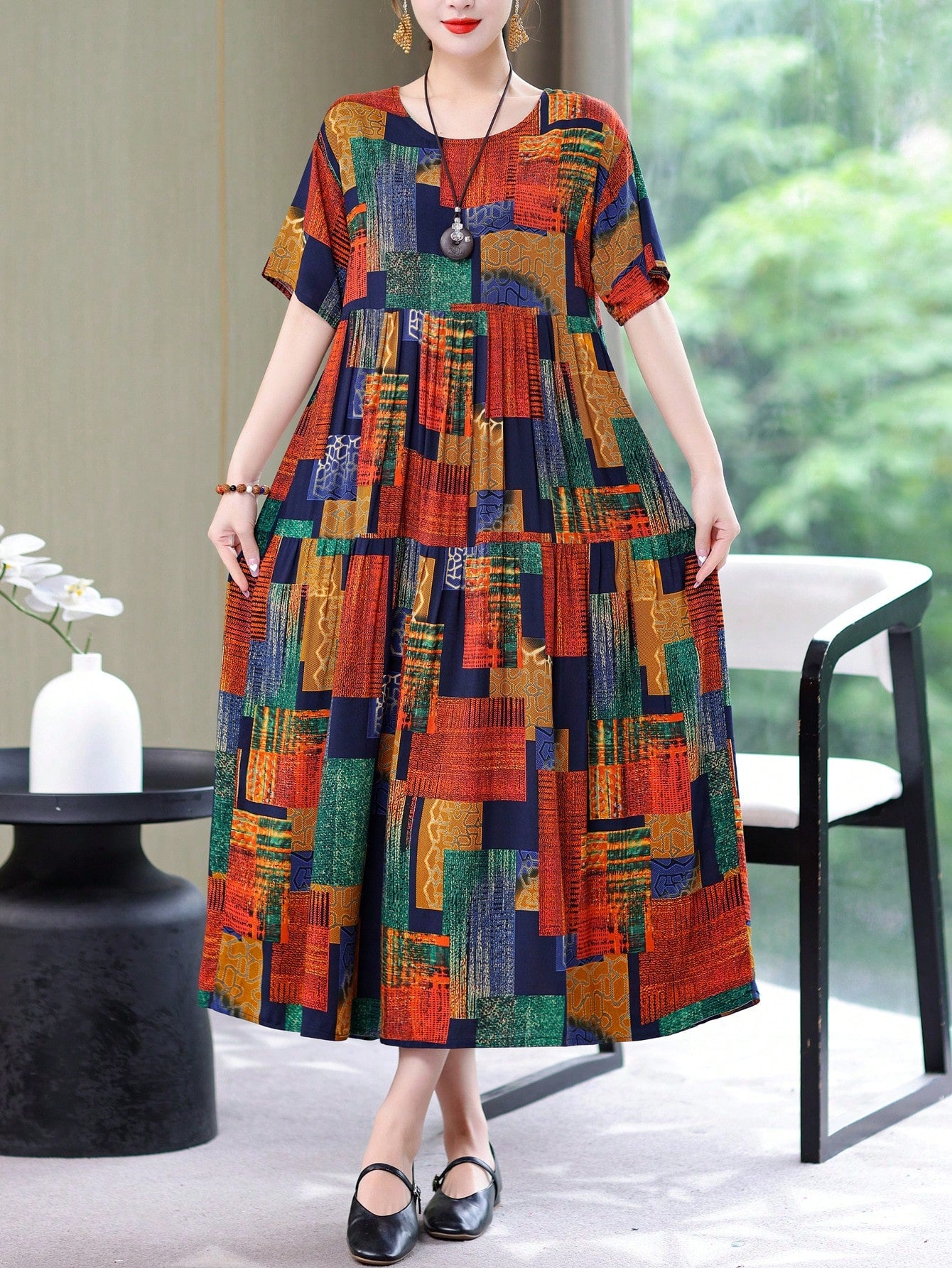 New Fashion Summer Casual Print Elegant Mid-Long Dress For Women Vacation