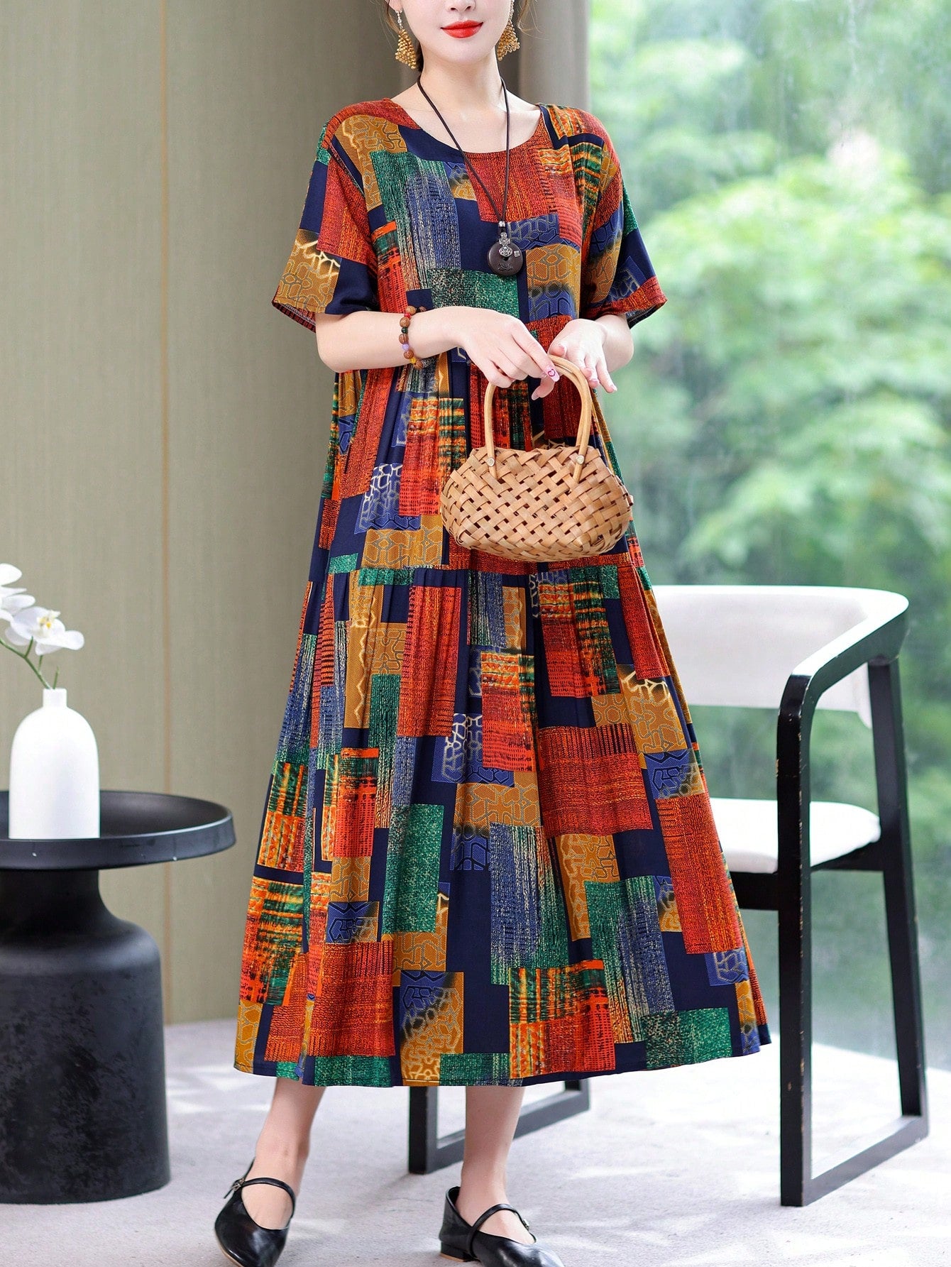 New Fashion Summer Casual Print Elegant Mid-Long Dress For Women Vacation