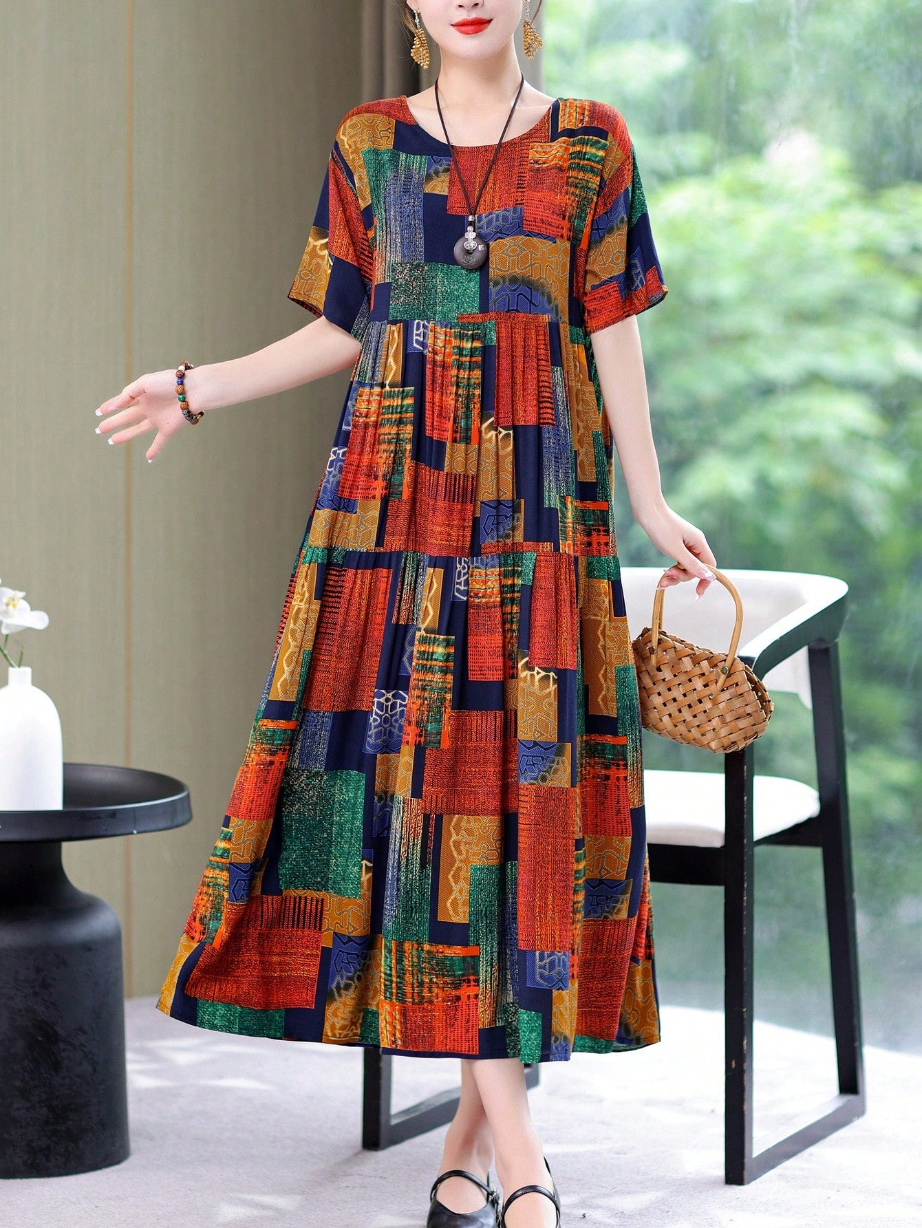 New Fashion Summer Casual Print Elegant Mid-Long Dress For Women Vacation