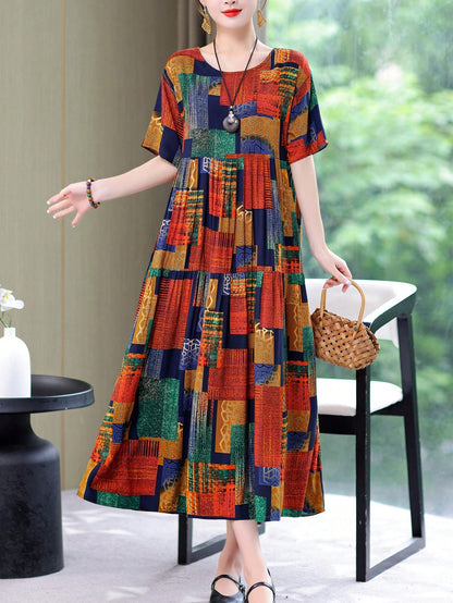 New Fashion Summer Casual Print Elegant Mid-Long Dress For Women Vacation