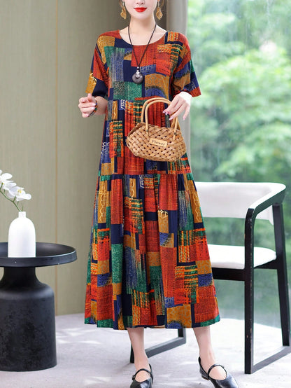New Fashion Summer Casual Print Elegant Mid-Long Dress For Women Vacation