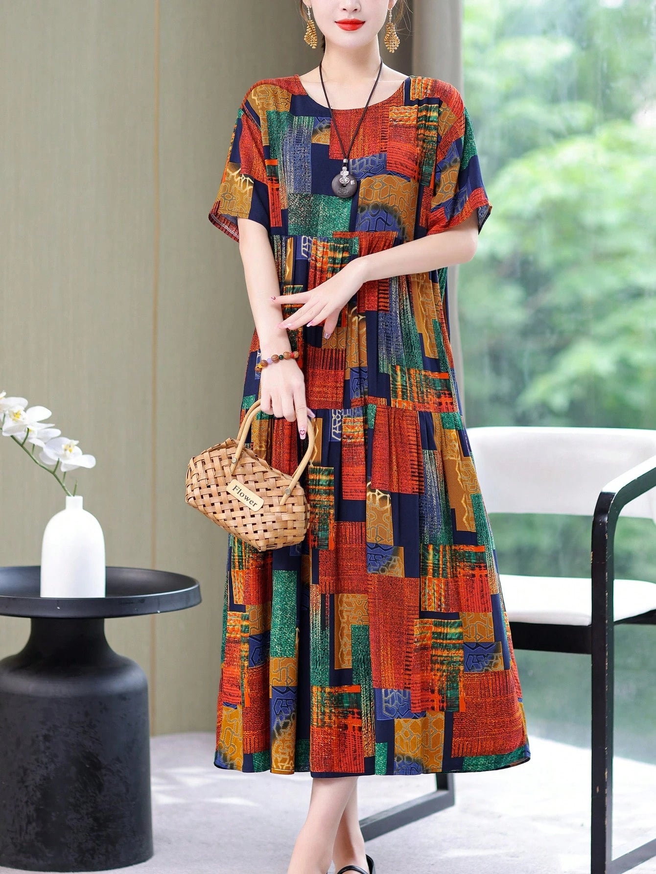 New Fashion Summer Casual Print Elegant Mid-Long Dress For Women Vacation