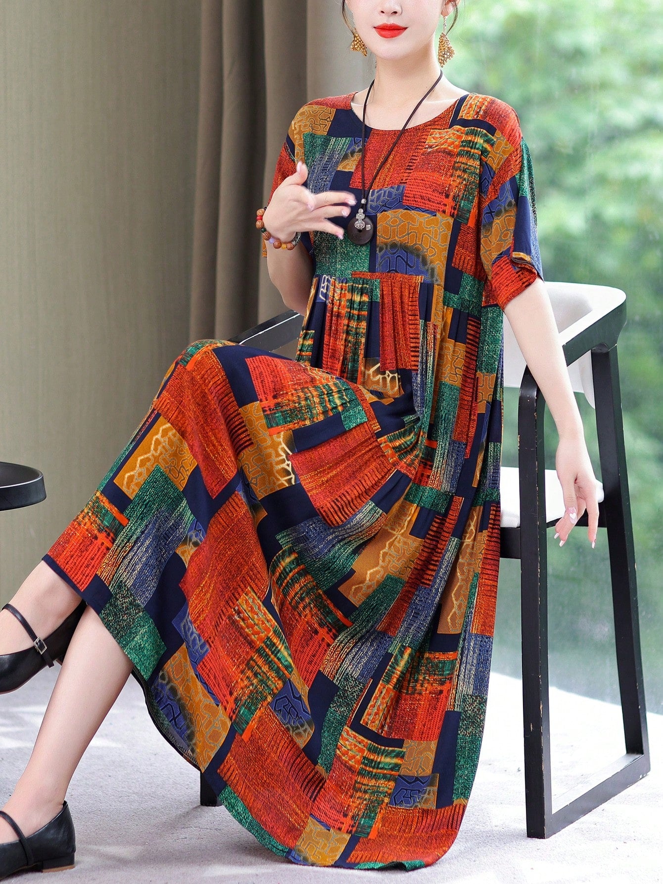 New Fashion Summer Casual Print Elegant Mid-Long Dress For Women Vacation