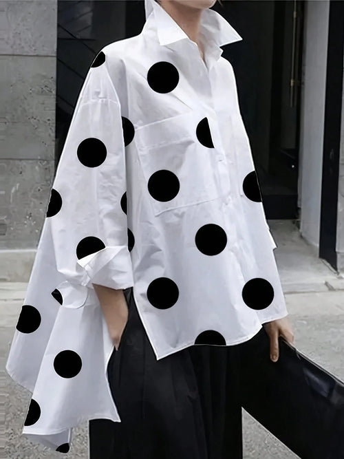 New Fashionable & Elegant Polka Dot Pattern Loose Women Long Sleeve Blouse With Asymmetrical Hem Spring