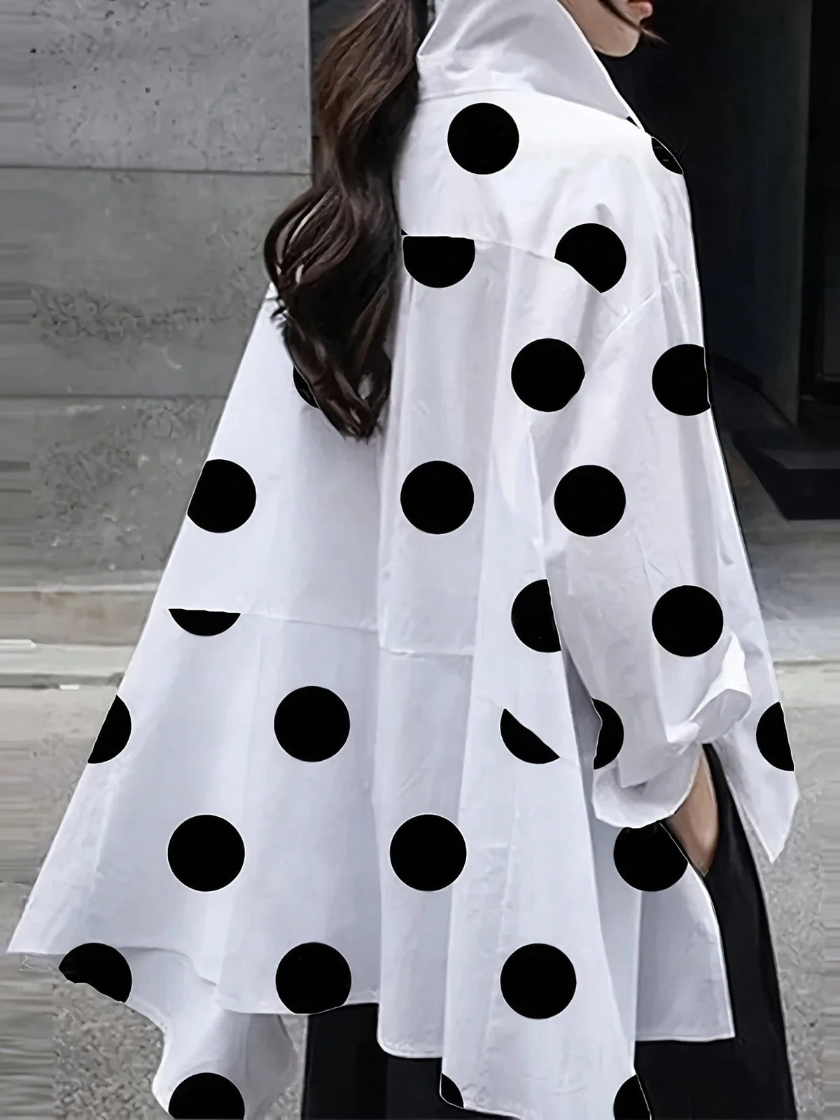 New Fashionable & Elegant Polka Dot Pattern Loose Women Long Sleeve Blouse With Asymmetrical Hem Spring