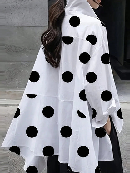 New Fashionable & Elegant Polka Dot Pattern Loose Women Long Sleeve Blouse With Asymmetrical Hem Spring