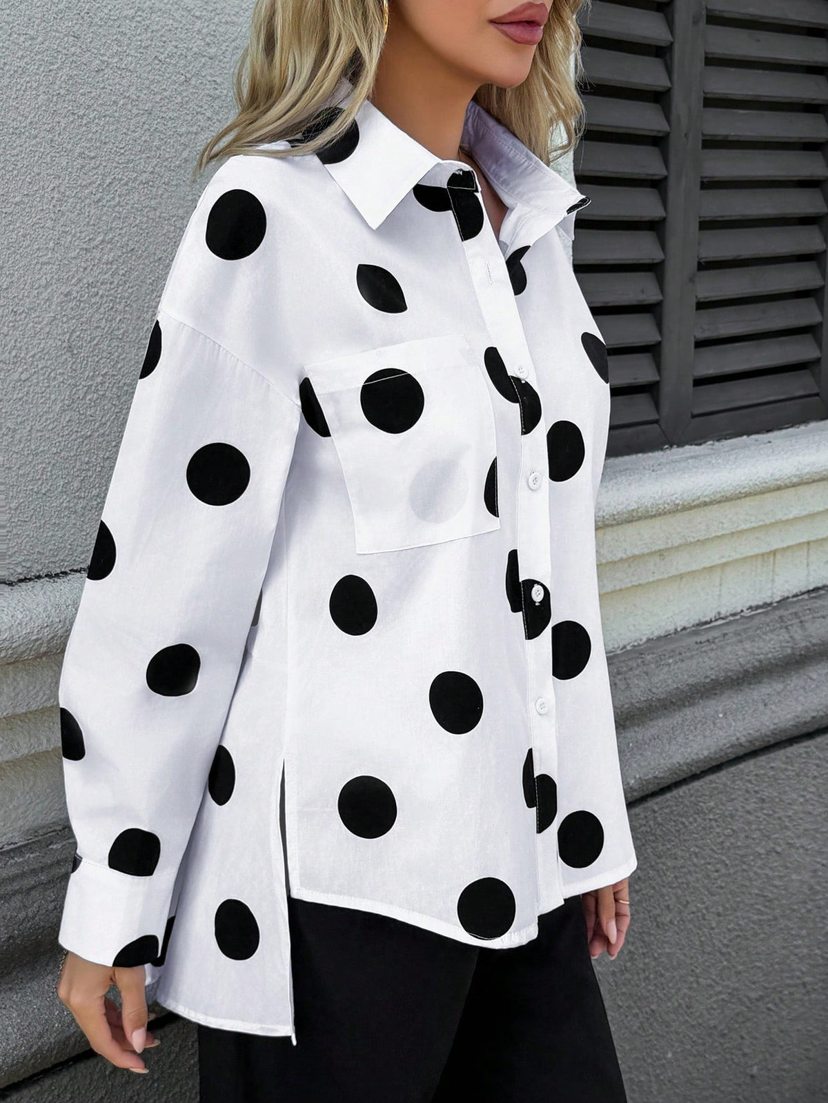 New Fashionable & Elegant Polka Dot Pattern Loose Women Long Sleeve Blouse With Asymmetrical Hem Spring