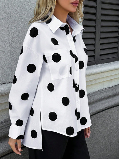 New Fashionable & Elegant Polka Dot Pattern Loose Women Long Sleeve Blouse With Asymmetrical Hem Spring