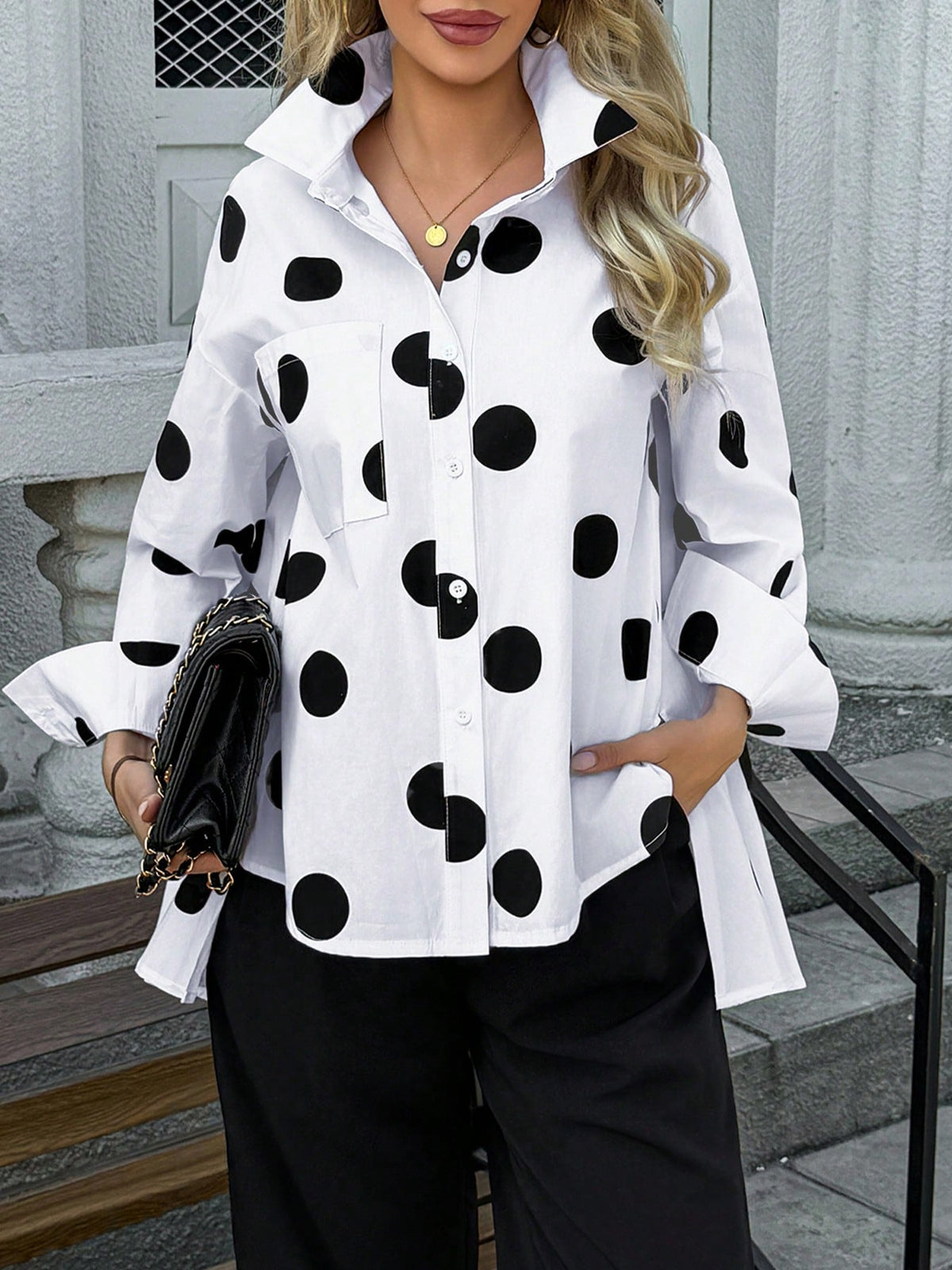 New Fashionable & Elegant Polka Dot Pattern Loose Women Long Sleeve Blouse With Asymmetrical Hem Spring