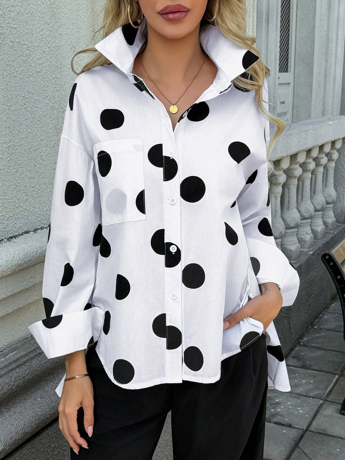 New Fashionable & Elegant Polka Dot Pattern Loose Women Long Sleeve Blouse With Asymmetrical Hem Spring