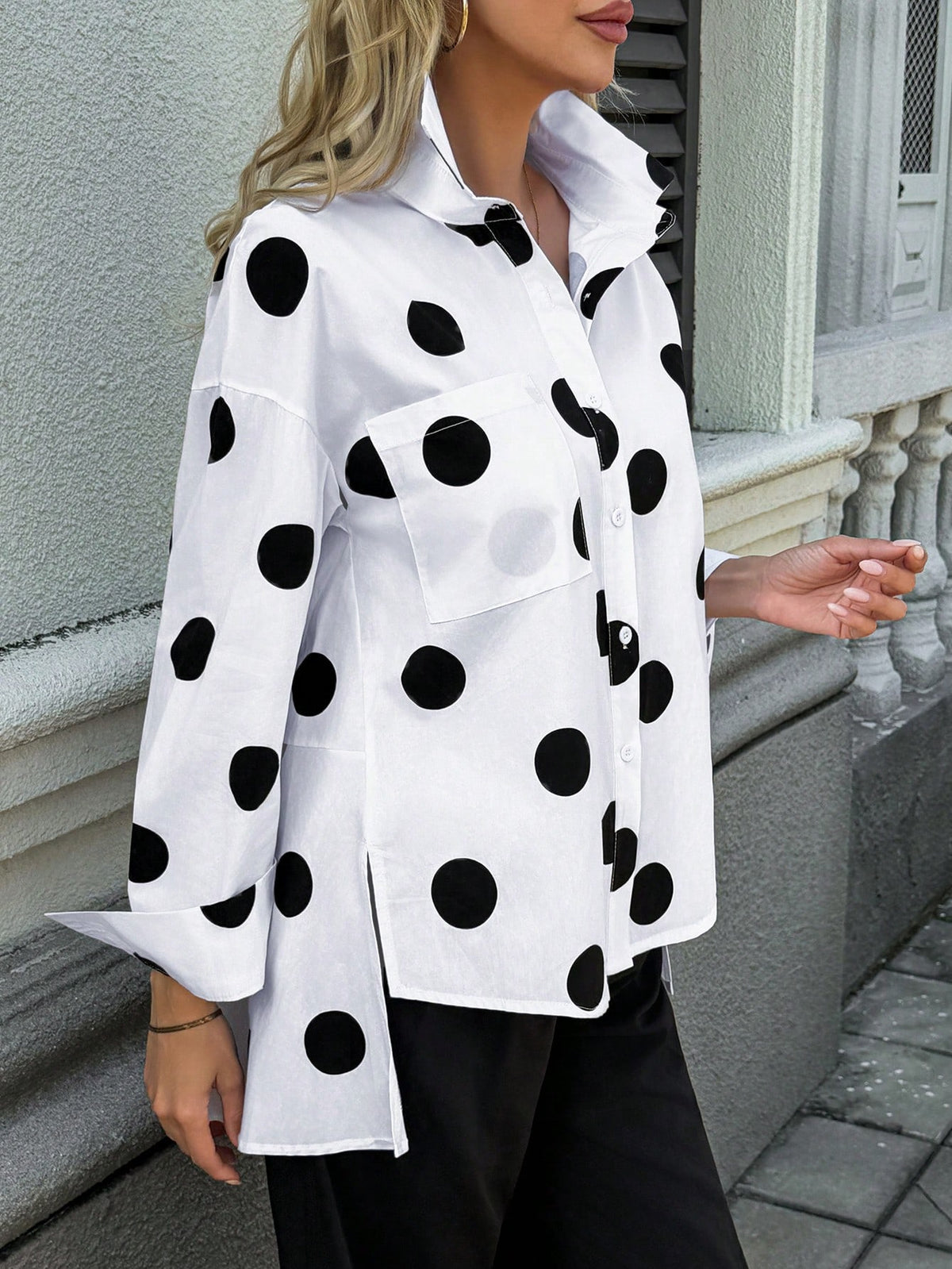 New Fashionable & Elegant Polka Dot Pattern Loose Women Long Sleeve Blouse With Asymmetrical Hem Spring